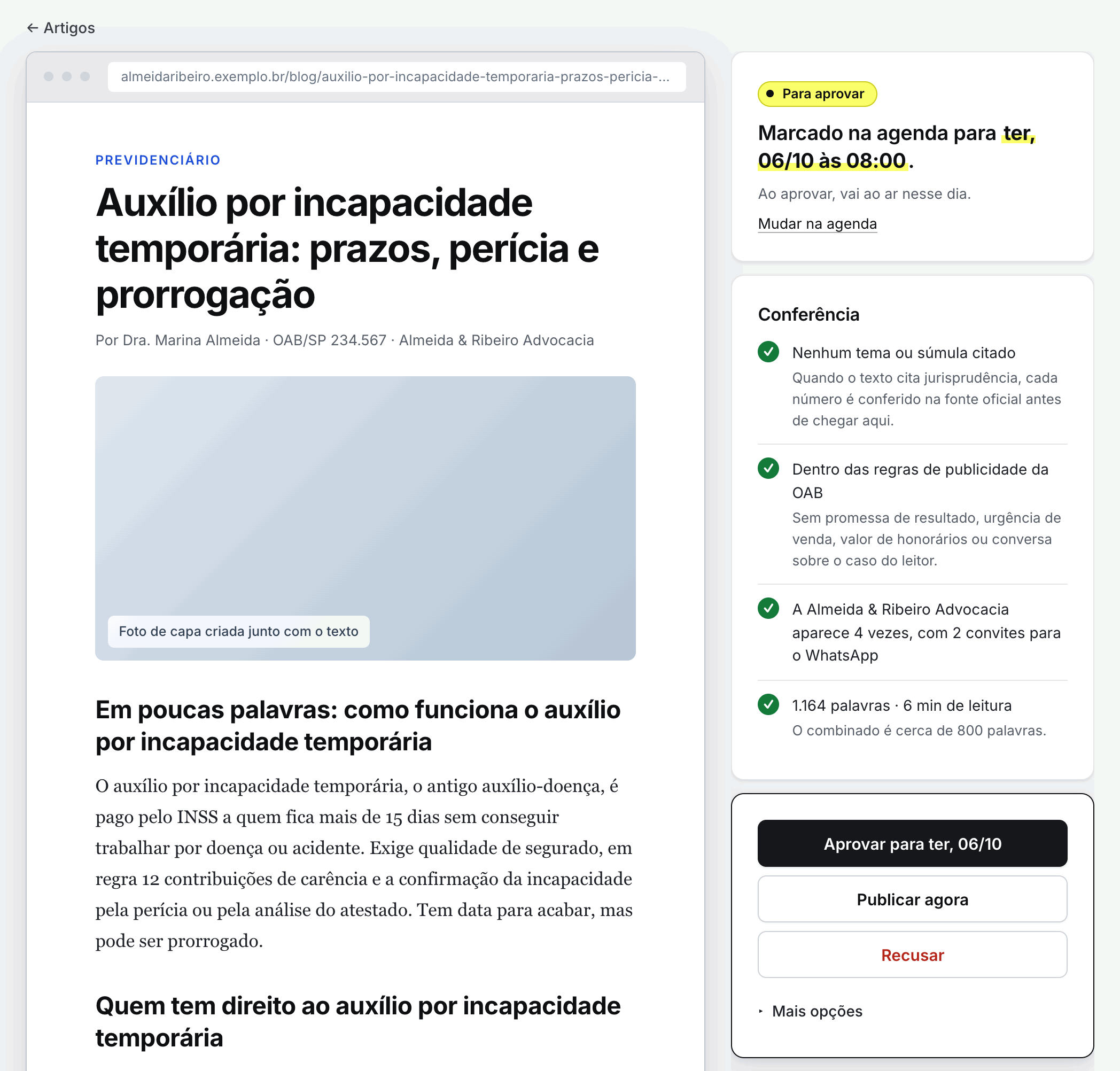 Artigo sobre auxílio por incapacidade temporária mostrado como vai ficar no site e, ao lado, a conferência toda verde e o botão Aprovar para ter, 06/10.