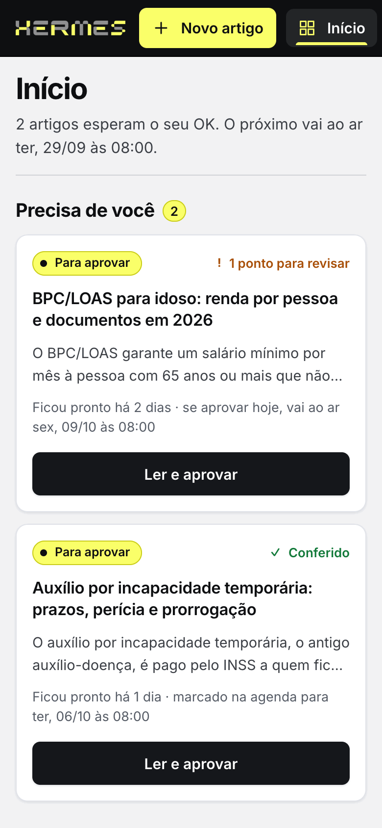 Início do Hermes no celular: dois artigos prontos, cada um com a etapa Para aprovar e o botão Ler e aprovar.